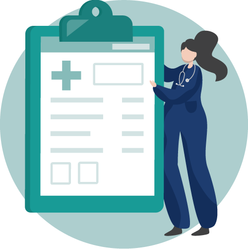 illustration of a medical assistant next to a clipboard